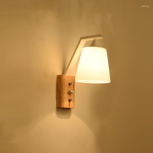 Wandleuchte Nordic Holz für Wohnzimmer Hintergrund Schlafzimmer Knopfschalter Log Glas Gang Treppe Wandleuchte Innen-LED-Leuchten