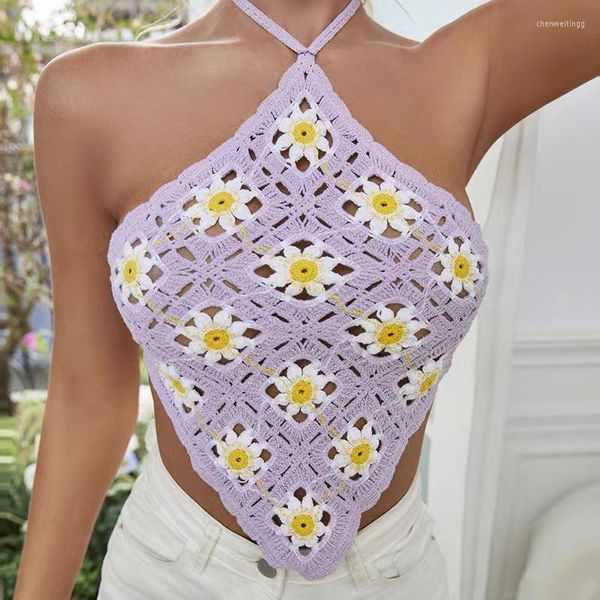 Kadın Tankları Kadın Camis Top Örme Camisole Floral Tığ Deseni Yular Boyun Sırtsız Tank Yaz Plaj Tatil Bohem Dantel Yukarı