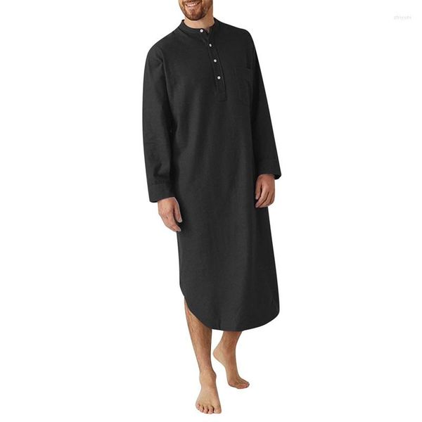 Herren-Nachtwäsche, Damen-Hemdkleid aus Leinen mit Knöpfen und Taschen – lässige, lockere Passform, kurze Ärmel, solides Kaftan-Thobe-Nachthemd