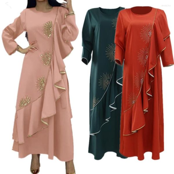 Abbigliamento etnico 3 colori Donna Dubai Abito a balze irregolare Musulmano Abaya Islamico Jalabiya Abito da caftano Abito da cocktail Abito Vestidos