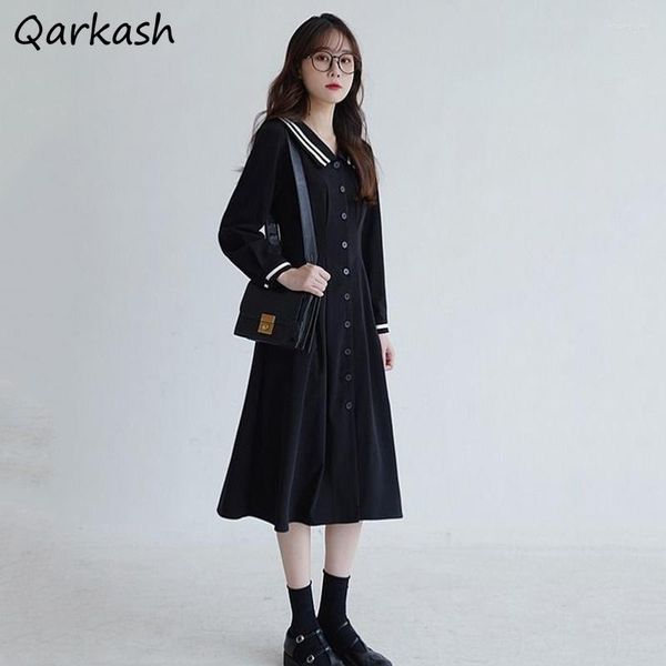 Casual Kleider Langarm Kleid Frauen Schwarz Preppy Vestidos Mujer Mantel Sailor Kragen Allgleiches Frühling Herbst Hohe Qualität Einfache BF