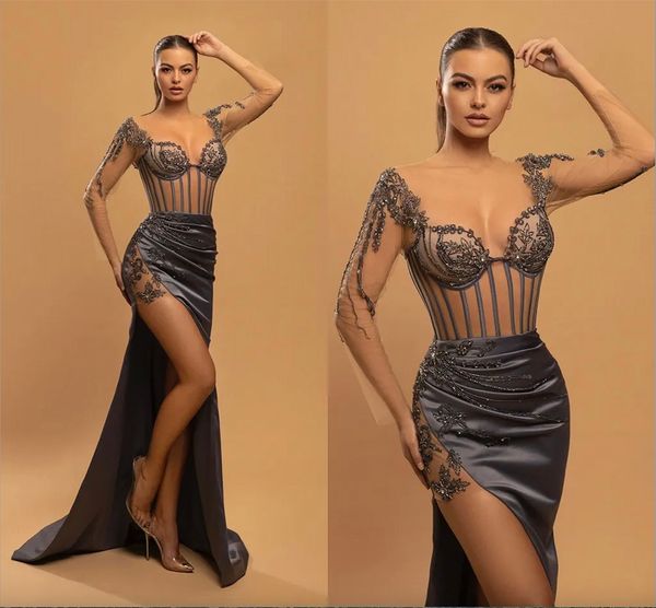 Sexy Grau High Split Kleider Sheer Langarm Illusion Mieder Spitze Applizierte Abend Prom Kleider Korsett Frauen Party Ocn vestidos