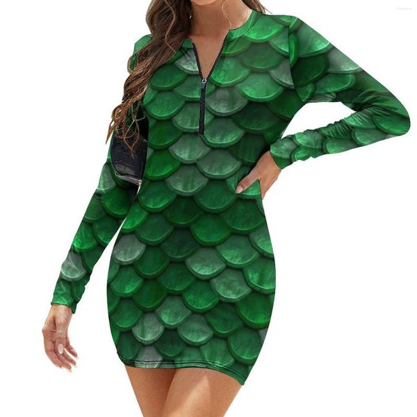 Vestidos Casuais Verde Sereia Escamas Bodycon Vestido Feminino Metálico Colorido Kawaii Férias Manga Comprida Streetwear Impressão Tamanho Grande