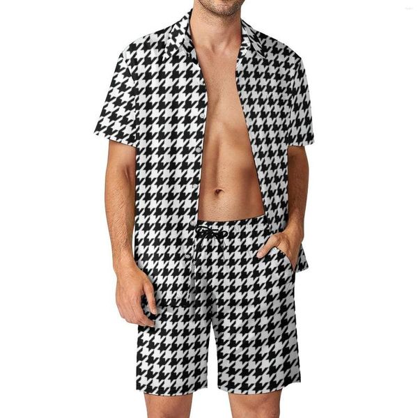 Agasalhos masculinos retrô Houndstooth conjuntos masculinos abstrato xadrez casual conjunto de camisas legais shorts de praia verão padrão terno 2 peças roupas plus