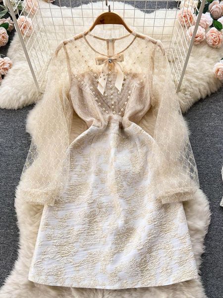 Vestidos casuais moda passarela vestido de festa vintage feminino frisado bordado malha manga longa diamante arco flor jacquard mini