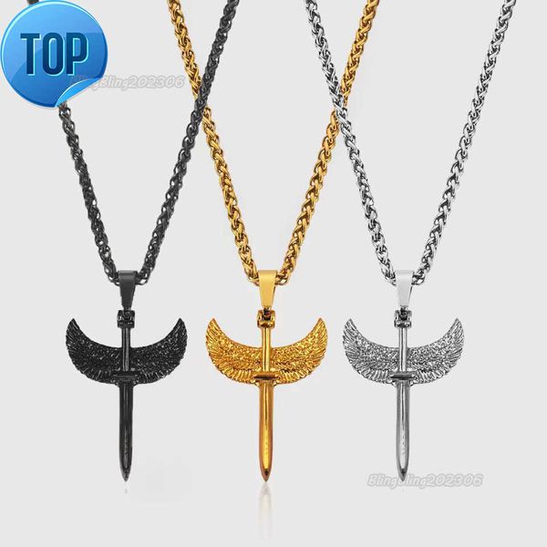 316L Stahl Echtes Gold Kreuz Anhänger Wasserdicht Schmuck Engel Flügel Schwert Halskette Weizen Kette Hip Hop Halskette Für Männer