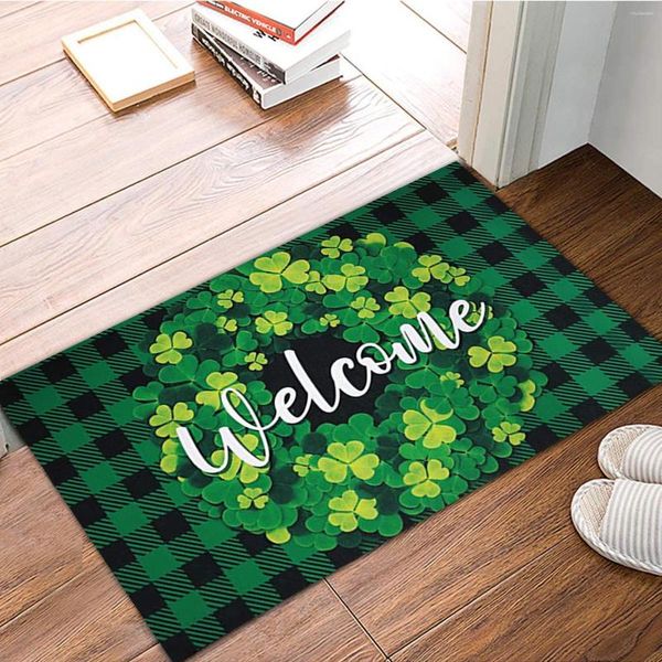 Tapetes 40x60cm St. Patrick's Day Door Mat Welcome Letter Plaid Tapetes Tapetes Antiderrapantes Capachos Para Banheiro Externo Cozinha