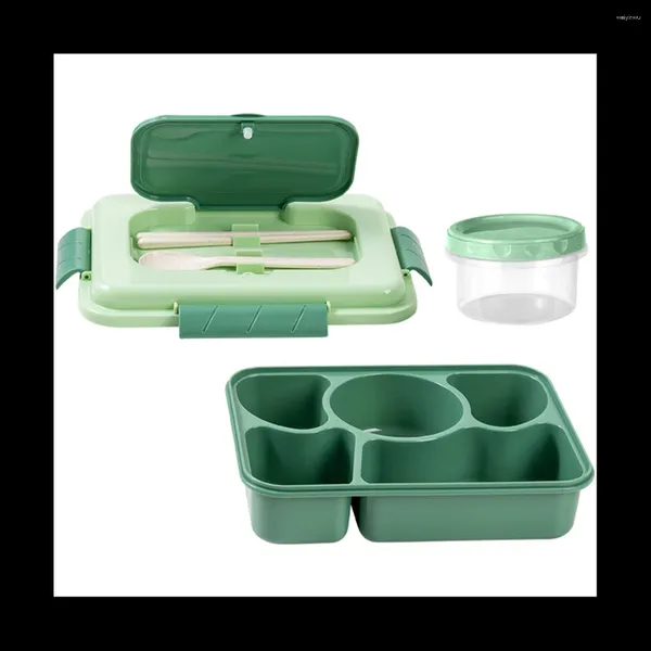 Set di stoviglie Lunch Box 1600 ml 5 scomparti Bento per adulti con cucchiaio riutilizzabile integrato Bacchette da viaggio (verde)