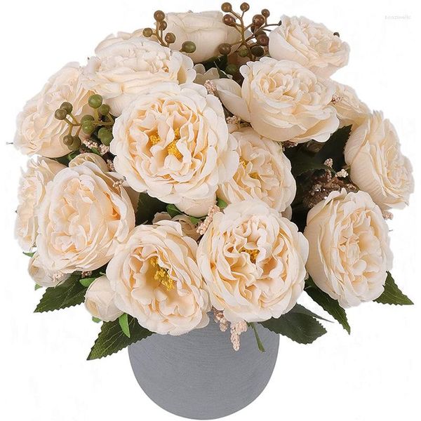 Fiori decorativi Peonia di seta artificiale 5 teste Rosa bianca per tavola di nozze Decorazione domestica Bouquet da sposa Ghirlanda natalizia