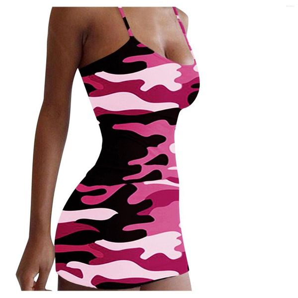 Vestidos casuais femininos com estampa de camuflagem sexy justo e sem mangas bolsa estilingue vestido de quadril para mulheres 2023 verão peça única