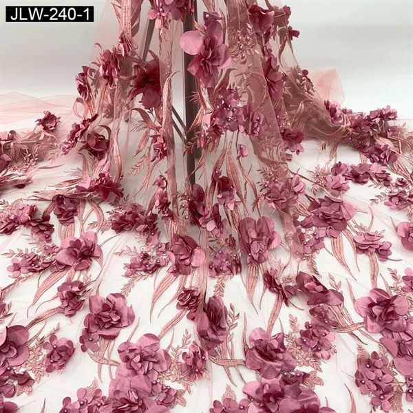 Tecidos de renda francesa de design popular frisados 3d flores vestido de festa de noiva vestido de renda lilás tule rendado africano JLW-2223286