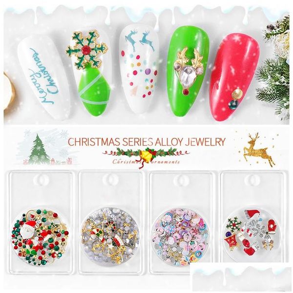 Tırnak Sanat Dekorasyonları Noel Mix Metal Saplamalar Kristal Rhinestones Snoweflake Ağacı Şapka Çorap Alaşım Dekor Manikür Aksesuarları Del Del Dhrpq