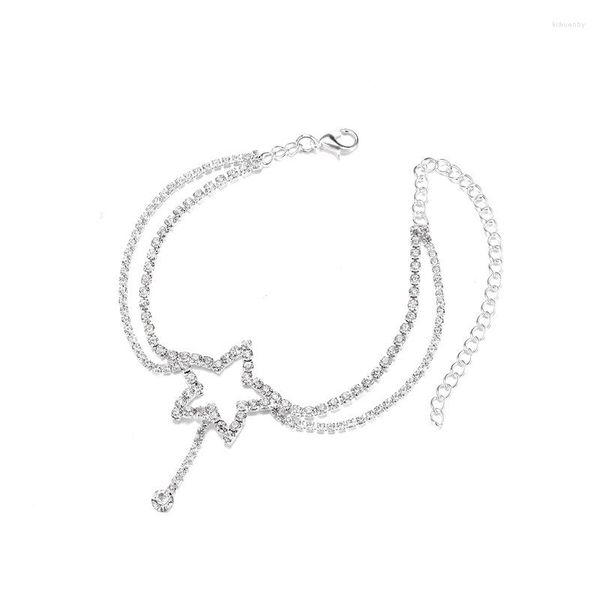 Cavigliere Stelle a doppio strato lucide Bracciale cavigliera Gioielli da donna Stella cava Cuore strass Catena alla caviglia Accessori per gioielli da spiaggia