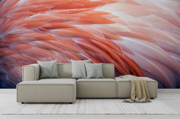 Papéis de parede Personalizar papel de parede Rosa Flamingo Padrão de pena Fundo Design moderno Adesivos de papel de parede