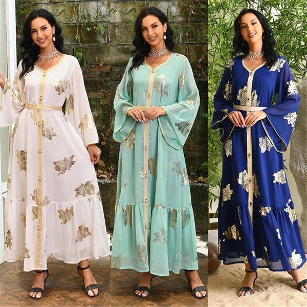 Vestuário étnico Muçulmano Abaya Vestido Dubai Botão Fita Guarnição Cinto Kaftan Dividido Bainha Estampada Longa 2023 Turquia Árabe Marroquino Caftan Jalabiya