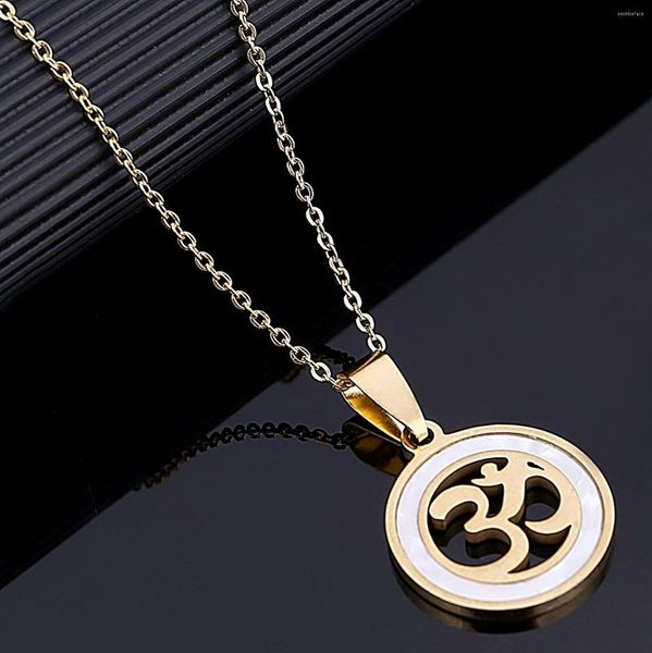 Anhänger Halsketten Edelstahl Gold Farbe Runde Yoga Halskette für Frauen Hindu OHM Hindu Buddhist AUM OM Schmuck