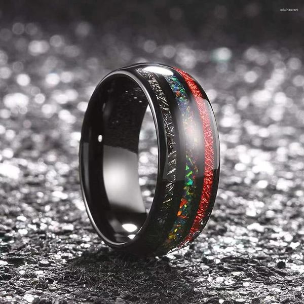 Alianças de casamento moda masculina 8 mm preto carboneto de tungstênio anel cúpula incrustado colorido opala vermelho meteorito ajuste confortável
