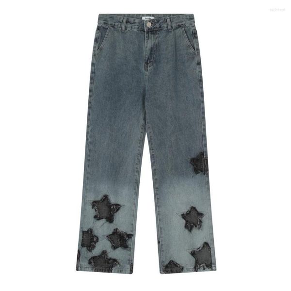 Jeans da uomo Flower Men Pentagram Gamba larga strappata Vaqueros Pantalones larghi Autunno Hip Hop Streetwear Moda unisex Pantaloni estivi in denim