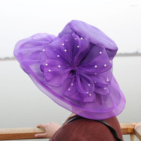 Cappelli a tesa larga Abito da sposa retrò Cappello Perla Maglia Fiore Top Doppio strato Parasole da donna Sole