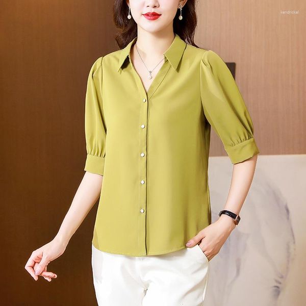 Frauen Blusen Acetat Hemd Weiblichen Kurzen ärmeln 2023 Sommer Damen Tops SATIN V-ausschnitt Mode Kleidung Frau Shirts Büro dame