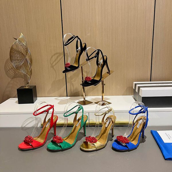 designer Aquazzura Aquazzura sandálias decoração de strass boca vermelha salto alto sapatos de casamento sexy sola de couro real sandália de cristal sapatos femininos