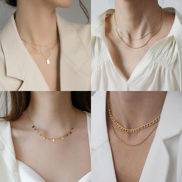 Ketten Goldene Doppelschichtkette Halskette für Frauen Kuba Figaro Kurz und fein Einfach OL Weibliches Schmuckzubehör