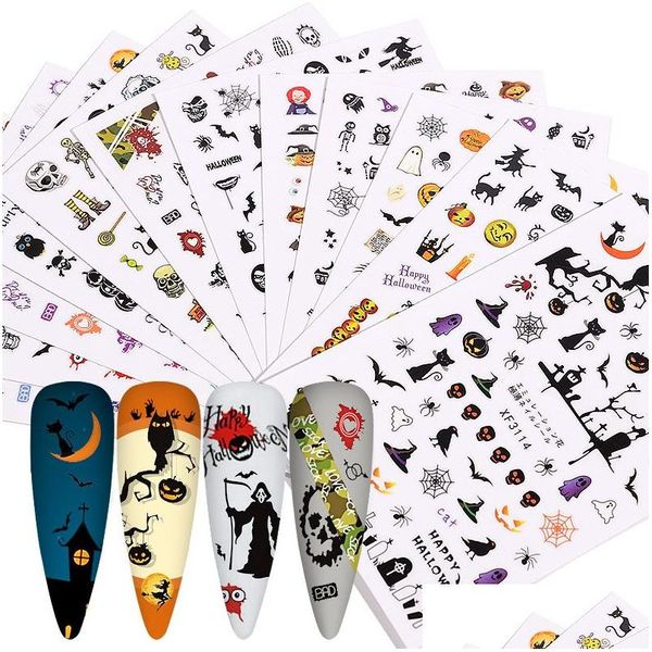 Adesivi Decalcomanie 12 Pz / pacco Disegni di Halloween Adesivo per nail art Mix Zucca Fantasma Diavolo Skl Autoadesivo 3D Cursore Unghie Wrap Decor Dhhbg