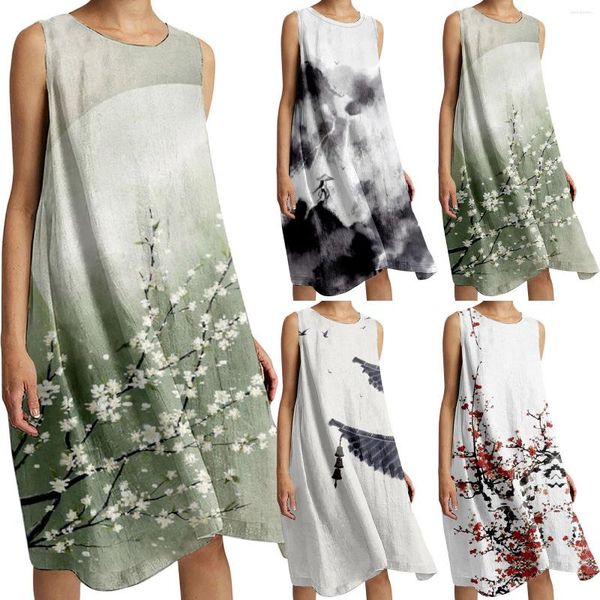 Vestidos casuais Vestido de verão feminino solto linho elástico confortável praia estampado profundo robe longo Mujer