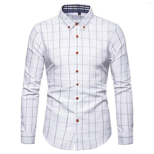 Camisetas Masculinas Moda Manga Comprida Manga Comprida Xadrez Botões Camisa Social Estilo Europeu Americano Tops Slim Fit Negócios