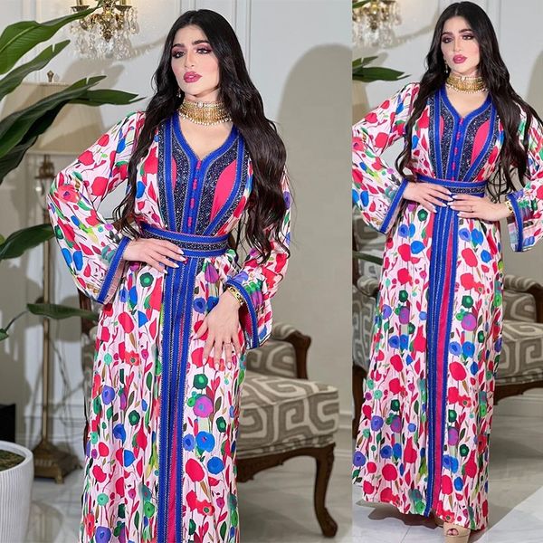 Atacado Médio Oriente Ramadan kaftan marocain Dubai Árabe Marrocos Caftan Impresso Vestido Muçulmano Para Mulheres