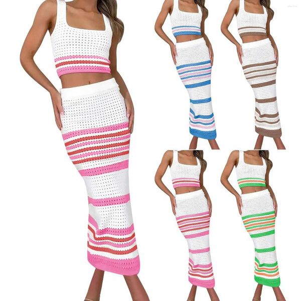 Ethnische Kleidung sexy Split -Streifen -Rock -Strickanzug für Frauen 2023 Sommer Beach Cover up tragen quadratische Kragen hohlhülsen, ärmellose Weste