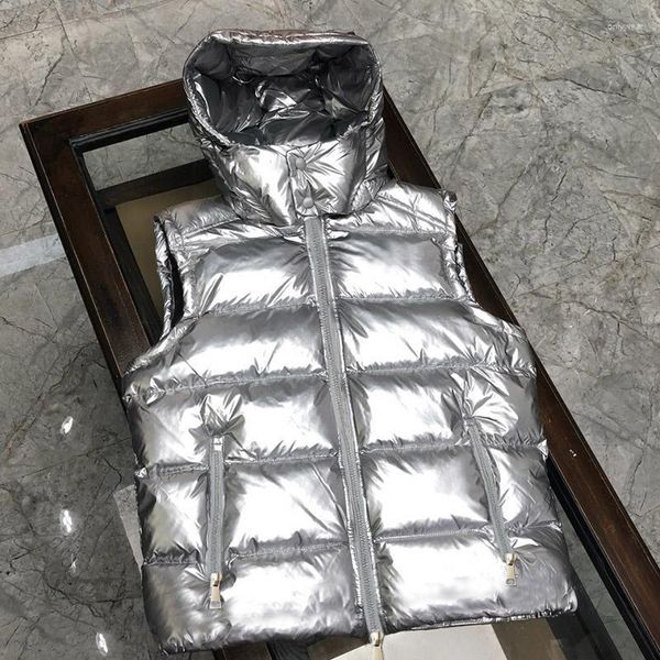 Damenwesten Mode Silber ärmellose Weste kurze Daunenjacke solide Korea mit Kapuze Frauen 2023 Damen Casual Wintermantel