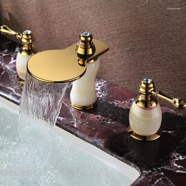 Torneiras para pias de banheiro em mármore europeu antigo duplo com cascata de três furos, jade natural, cobre banhado a ouro, torneiras de lavatório com 20 cm de comprimento