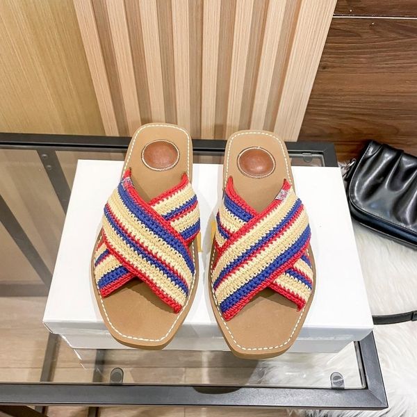 Designer-Slipper, Plateau-Slipper, Slipper-Slipper, neues Netz, Rot, Buchstaben-Stil, Wollband, gewebt, quadratische Zehenpartie, farblich passende Flip-Flops, Hausschuhe mit flachem Boden, Strandsandalen