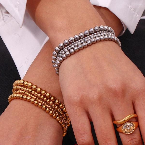 Braccialetti con ciondoli Gioielli semplici a mano alla moda Bracciale con perline elastiche in acciaio inossidabile 18 carati placcato in oro con perline impermeabili