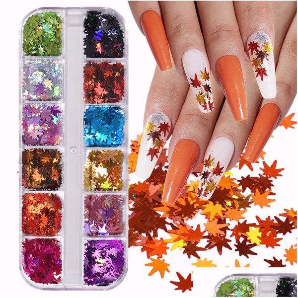 Glitter per unghie 12 colori Foglie d'acero Paillettes artistiche Fiocchi olografici Paillette Adesivi foglia d'autunno per unghie fai da te Decorazioni autunnali Dro Dh6Op