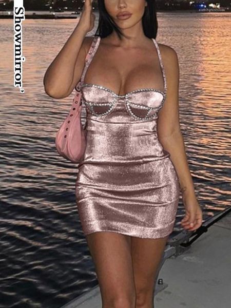 Abiti casual Mini abito con diamanti glitterati Abbigliamento da club estivo da donna Vestido Mujer Festa di compleanno senza maniche sexy Midnight Clubwear Rosa