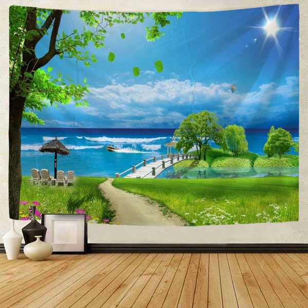 Wandteppiche Schöne Landschaft Tapisserie Wandbehang Blumen Baum Meer Kunst Dekoration Stil Zuhause