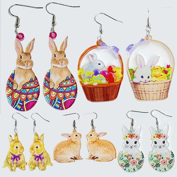 Baumelnde Ohrringe, niedlicher Holz-Ostern-Blumenkorb, Tropfen für Frauen, lustiges buntes Ei, Küken, Tiere, Party, Schmuck, Geschenk