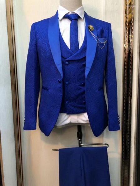 Abiti da uomo Arrivo Uomo Royal Blue Smoking dello sposo Scialle Raso Risvolto Groomsmen Matrimonio Uomo (Giacca Pantaloni Gilet Cravatta) C943