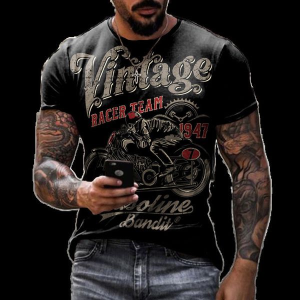 Мужские футболки летняя винтажная футболка 3D ретро -мотоцикл Негабаритные штопоры для мужской одежды байкерские гоночные мотор