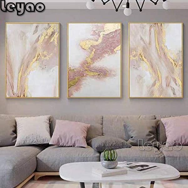 Praça completa de ponto cruz/broca redonda tríptico em ouro rosa abstrato diamante pintura de água forma de fluxo de água decoração de casa moderna bordado