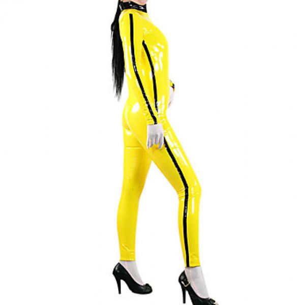 Trajes Cosplay de Halloween Cor amarela com macacão esportivo de couro falso de PVC listrado preto Traje de palco de boate de festa