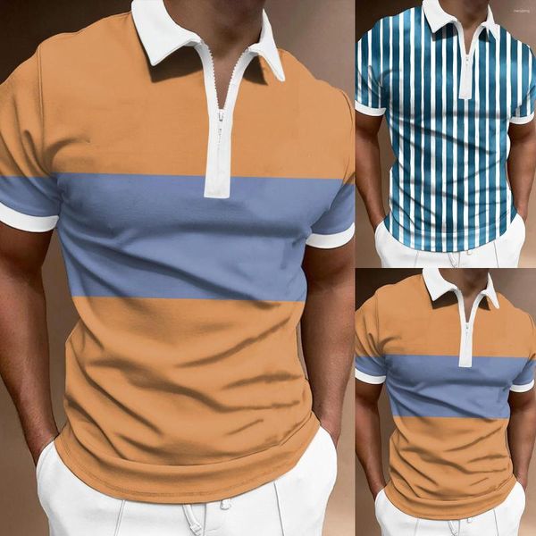 Camisetas masculinas primavera verão moda lapela zíper manga curta camisa impressa estilo diário tops de trabalho de escritório rápido em estoque