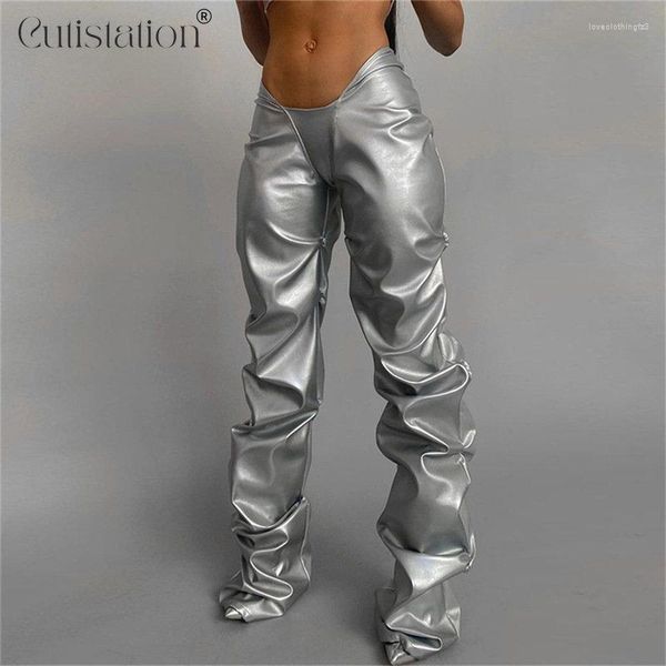 Kadın Pantolon Cutistation Metalik Gümüş Deri Kadın Moda 2023 Düşük Yüksek Rise Düz Bacak İstiflenmiş Grunge Y2K Pantolon Fütüristik Kumaş