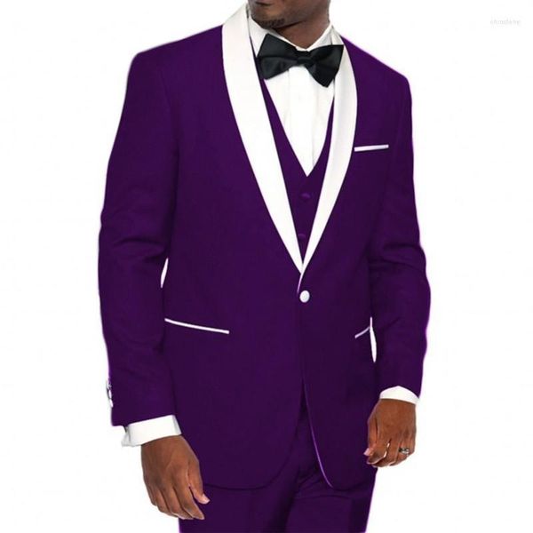 Ternos masculinos estilo masculino roxo noivo smoking xale branco cetim lapela padrinhos 3 peças (jaqueta calça colete gravata borboleta) D278