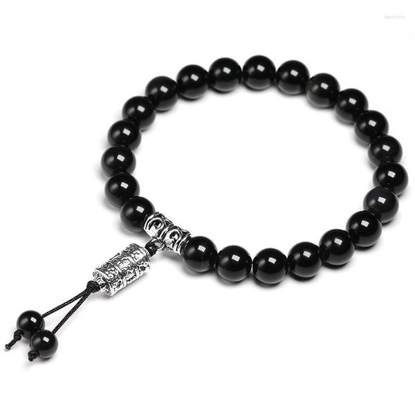 Strand Cor Natural Pedra Obsidiana Feito à Mão Talão Pulseira Buda Charme Tibetano Pulseiras da Sorte Bangles Para Mulheres Homens Jóias