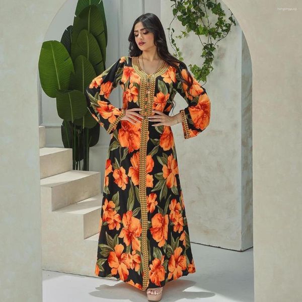 Etnik Giyim 2023 Orta Doğu Cobe Siyah Arka Plan Turuncu Büyük Çiçek Abaya Moda Müslüman Kadınlar Jawhara Kaftan