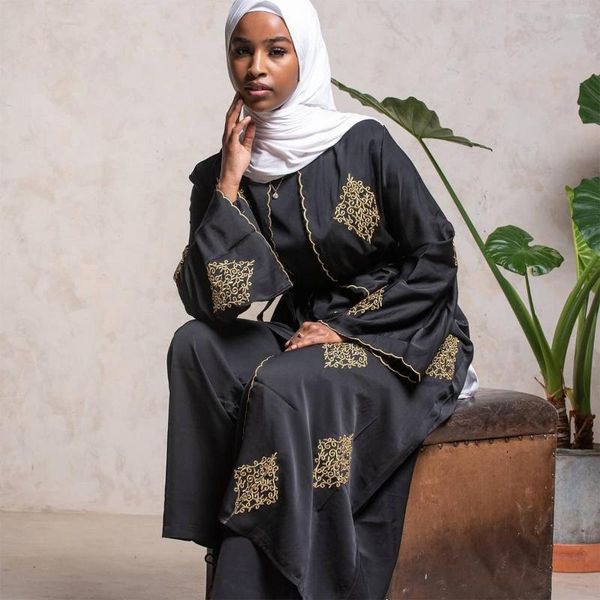 Ethnische Kleidung Schwarze Abaya für Frauen Dubai Musselin Islam Arabisch Damen Goldfaden Positionierung Stickerei Strickjacke Robe