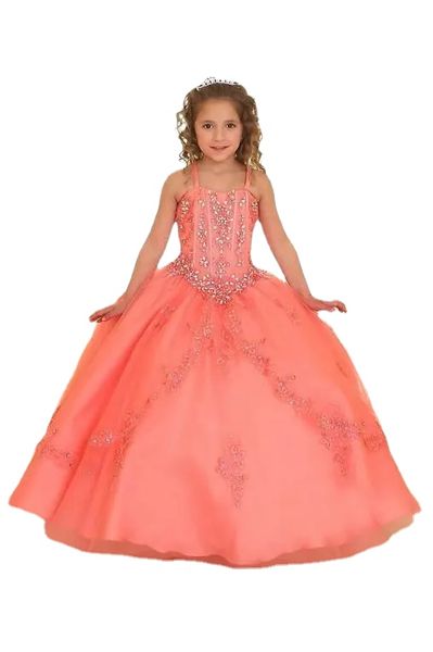 Novos vestidos coral para meninas, cristais, frisados, organza, flores, vestidos para meninas, espartilho, costas, formal, festa, vestidos para adolescentes